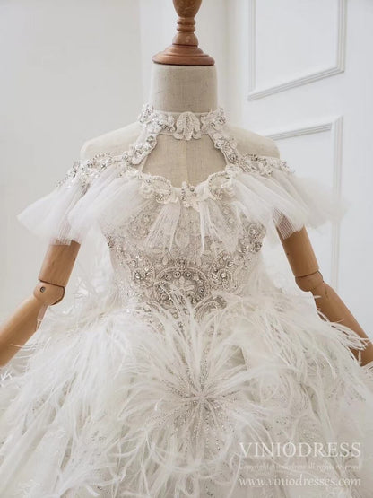 Luxury Feather Lace Ball Gowns for Little Girls KD1030-Pageant Dresses for Kids 2025 -Viniodress-Champagne-Custom Size-