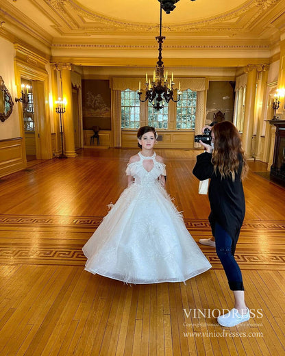 Luxury Feather Lace Ball Gowns for Little Girls KD1030-Pageant Dresses for Kids 2025 -Viniodress-Champagne-Custom Size-