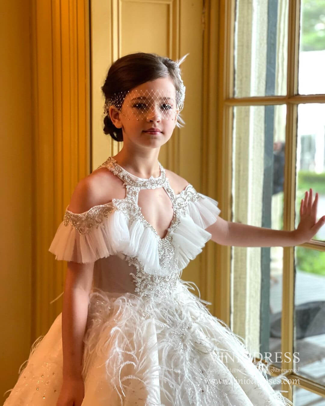 Luxury Feather Lace Ball Gowns for Little Girls KD1030-Pageant Dresses for Kids 2025 -Viniodress-Champagne-Custom Size-
