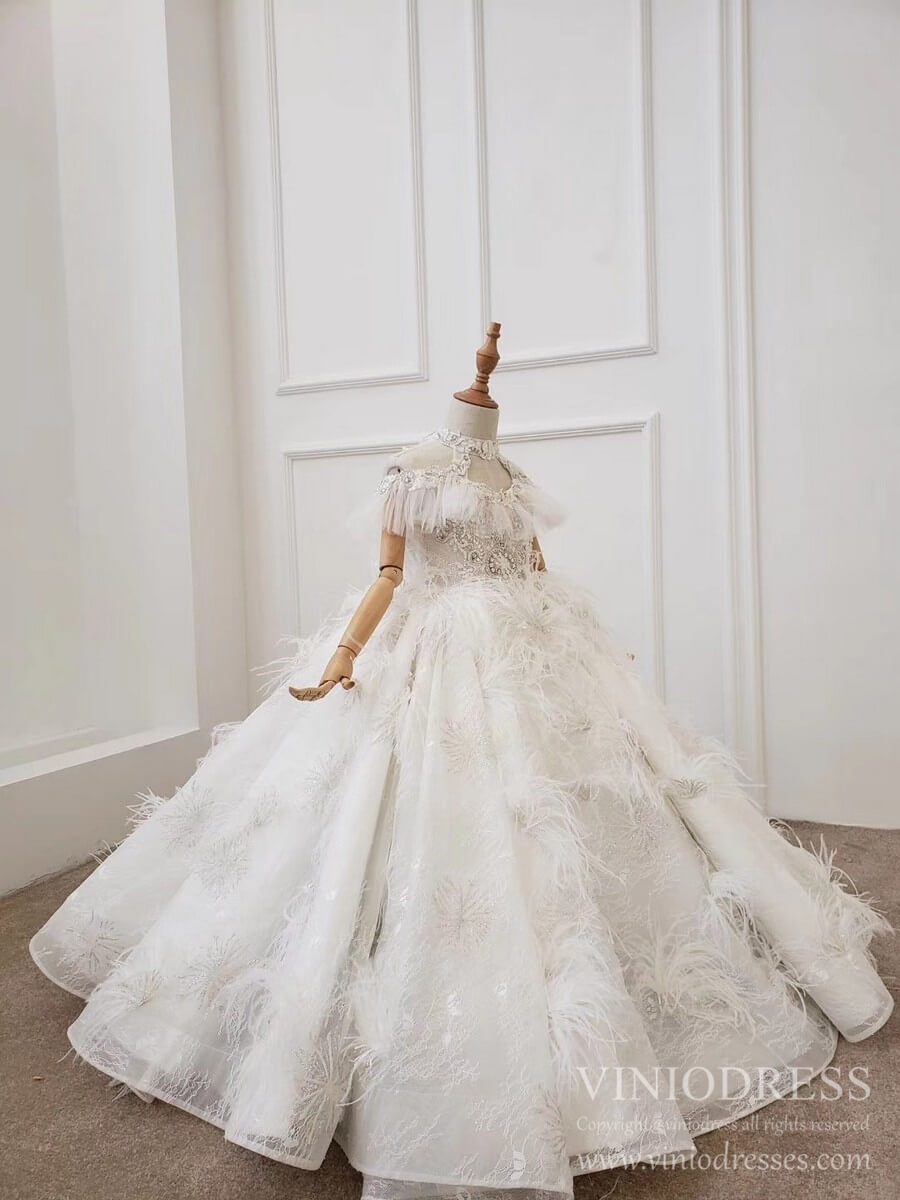 Luxury Feather Lace Ball Gowns for Little Girls KD1030-Pageant Dresses for Kids 2025 -Viniodress-Champagne-Custom Size-