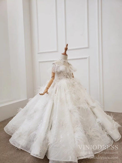 Luxury Feather Lace Ball Gowns for Little Girls KD1030-Pageant Dresses for Kids 2025 -Viniodress-Champagne-Custom Size-
