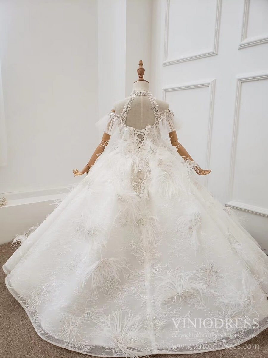 Luxury Feather Lace Ball Gowns for Little Girls KD1030-Pageant Dresses for Kids 2025 -Viniodress-Champagne-Custom Size-