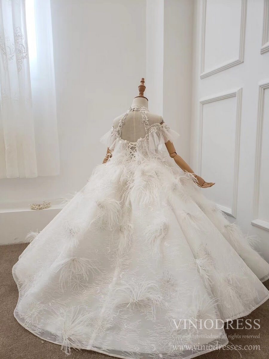 Luxury Feather Lace Ball Gowns for Little Girls KD1030-Pageant Dresses for Kids 2025 -Viniodress-Champagne-Custom Size-