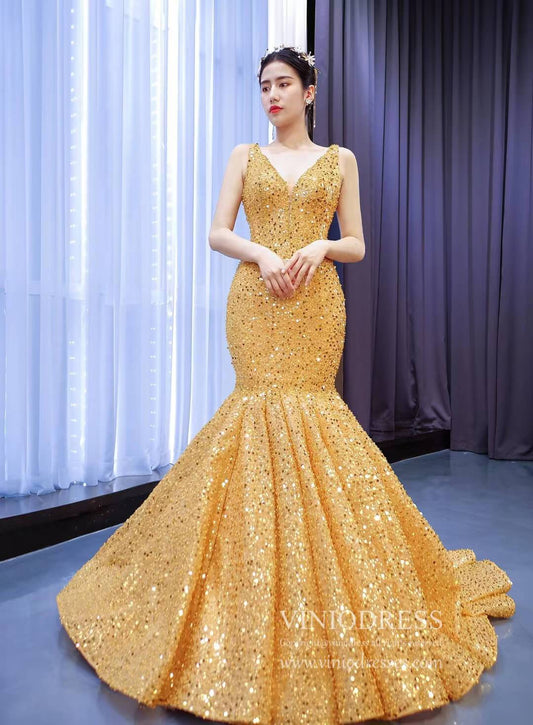 Luxury Gold Beaded Mermaid Prom Dresses Trumpet Pageant Gown 67290 viniodress-prom dresses 2025 -Viniodress-As Picture-Custom Size-