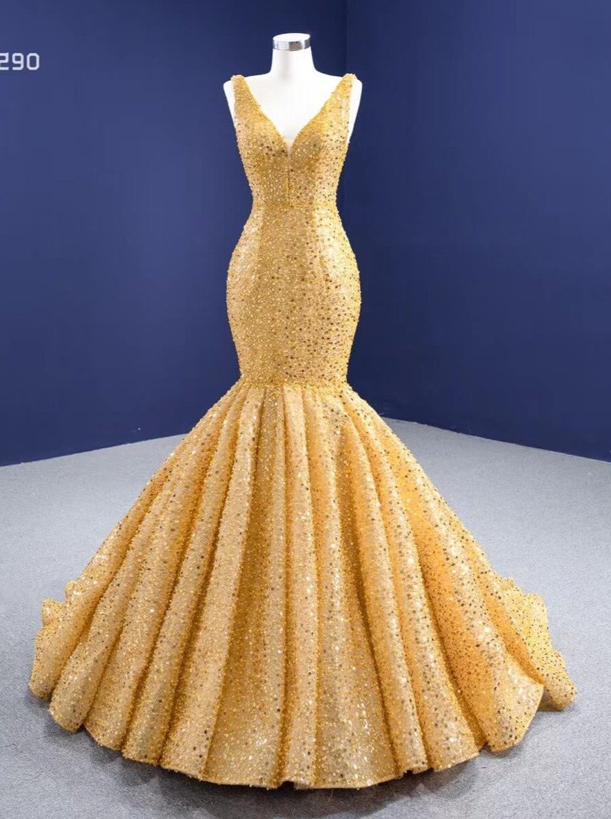 Luxury Gold Beaded Mermaid Prom Dresses Trumpet Pageant Gown 67290 viniodress-prom dresses 2025 -Viniodress-As Picture-Custom Size-