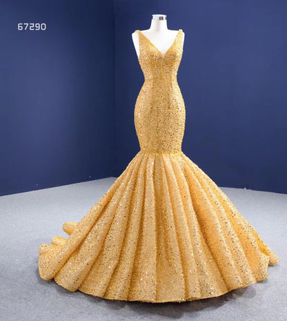 Luxury Gold Beaded Mermaid Prom Dresses Trumpet Pageant Gown 67290 viniodress-prom dresses 2025 -Viniodress-As Picture-Custom Size-