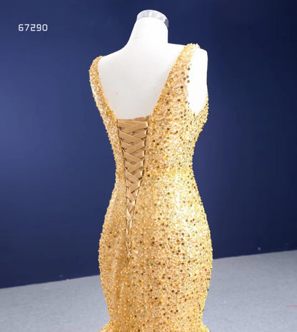Luxury Gold Beaded Mermaid Prom Dresses Trumpet Pageant Gown 67290 viniodress-prom dresses 2025 -Viniodress-As Picture-Custom Size-