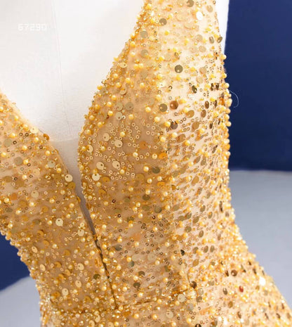 Luxury Gold Beaded Mermaid Prom Dresses Trumpet Pageant Gown 67290 viniodress-prom dresses 2025 -Viniodress-As Picture-Custom Size-