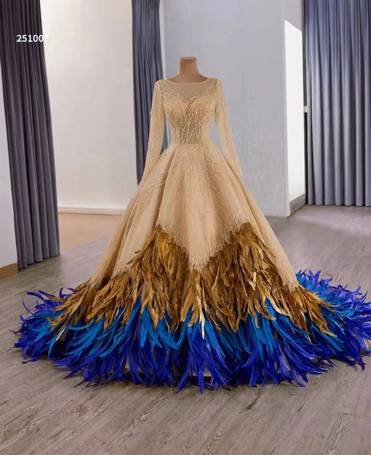 Luxury Gold & Blue Feather Wedding Dress with Sleeves 251007-Quinceanera Dresses 2025 -Viniodress-Gold-Custom Size-