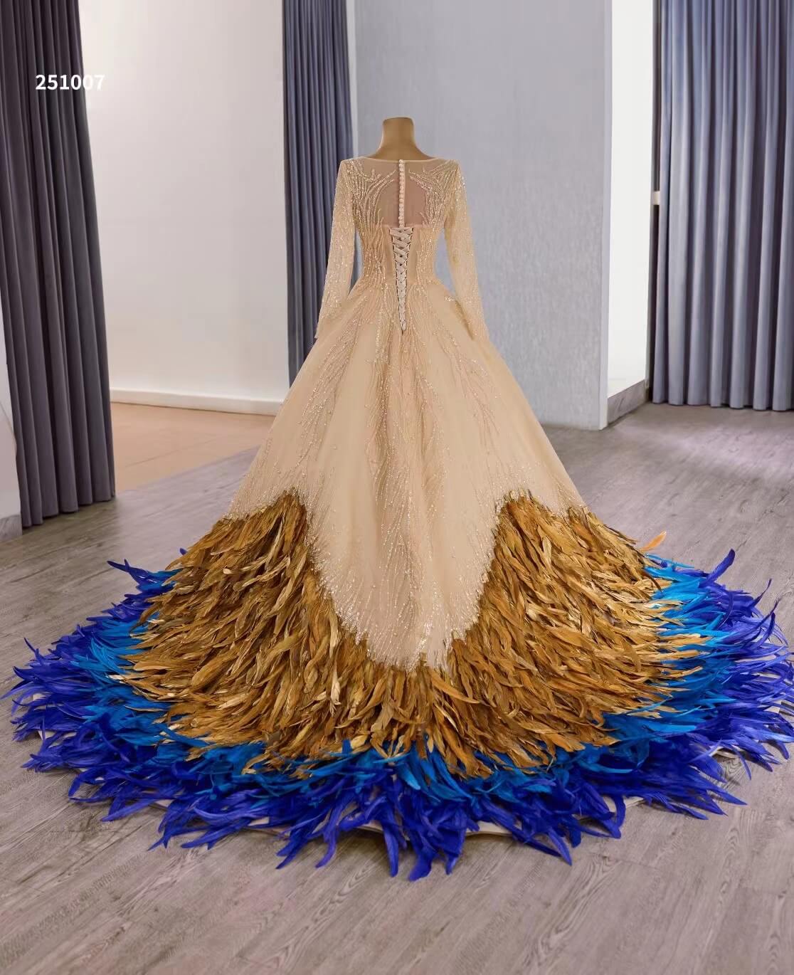 Luxury Gold & Blue Feather Wedding Dress with Sleeves 251007 - ViniodressQuinceanera DressesGoldCustom Size - Formal Dresses - Ball Gowns