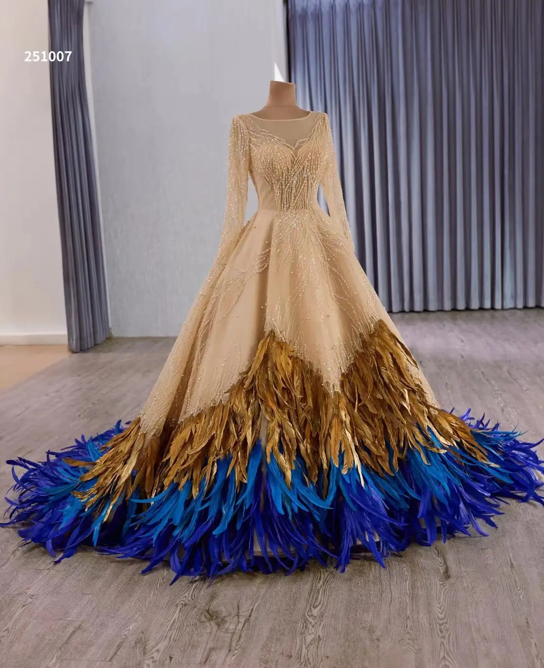 Luxury Gold & Blue Feather Wedding Dress with Sleeves 251007 - ViniodressQuinceanera DressesGoldCustom Size - Formal Dresses - Ball Gowns