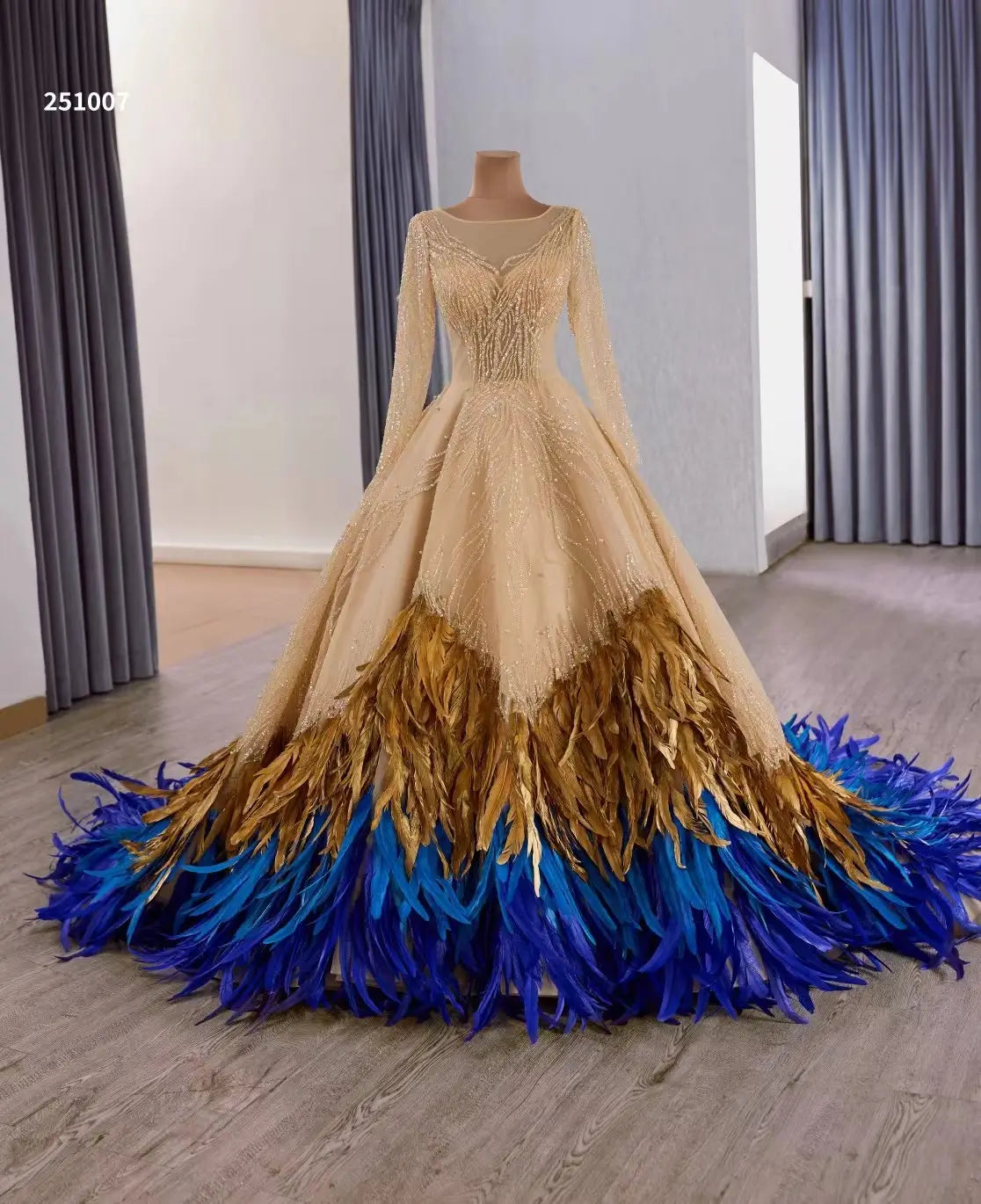 Luxury Gold & Blue Feather Wedding Dress with Sleeves 251007 - ViniodressQuinceanera DressesGoldCustom Size - Formal Dresses - Ball Gowns