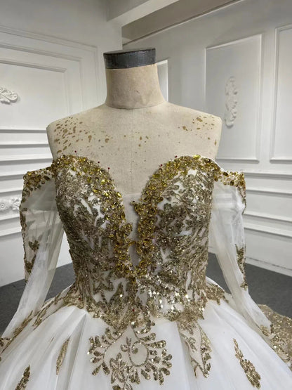 Luxury Vintage Gold Wedding Dresses 66949 Off the Shoulder-wedding dresses 2025 -Viniodress-Ivory-Custom Size-