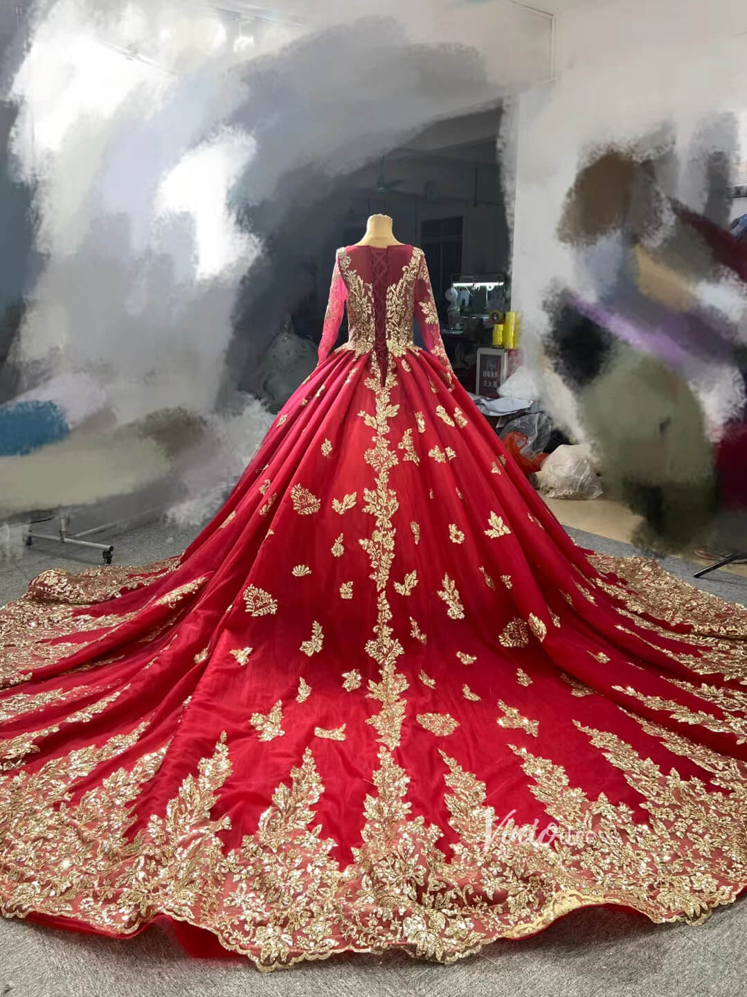 Vintage Red Gold Cathedral Wedding Dresses Long Sleeves 66949-wedding dresses 2025 -Viniodress-Dark Red-Custom Size-