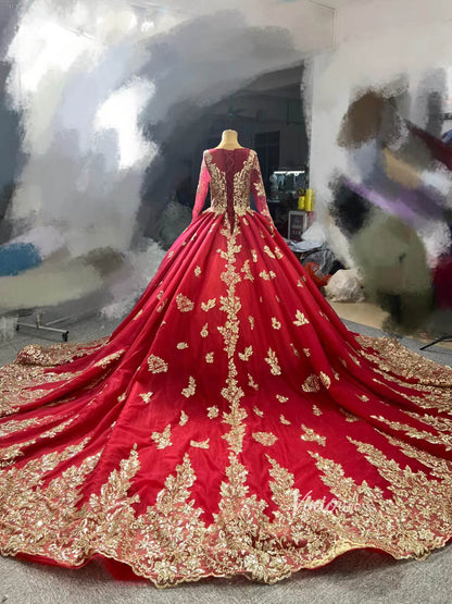 Vintage Red Gold Cathedral Wedding Dresses Long Sleeves 66949-wedding dresses 2025 -Viniodress-Dark Red-Custom Size-