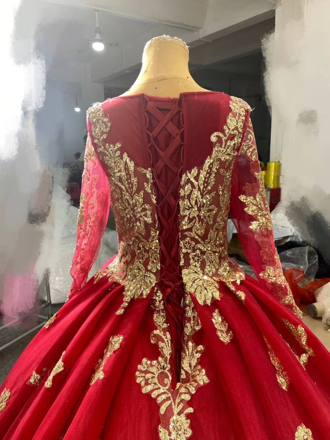 Vintage Red Gold Cathedral Wedding Dresses Long Sleeves 66949-wedding dresses 2025 -Viniodress-Dark Red-Custom Size-