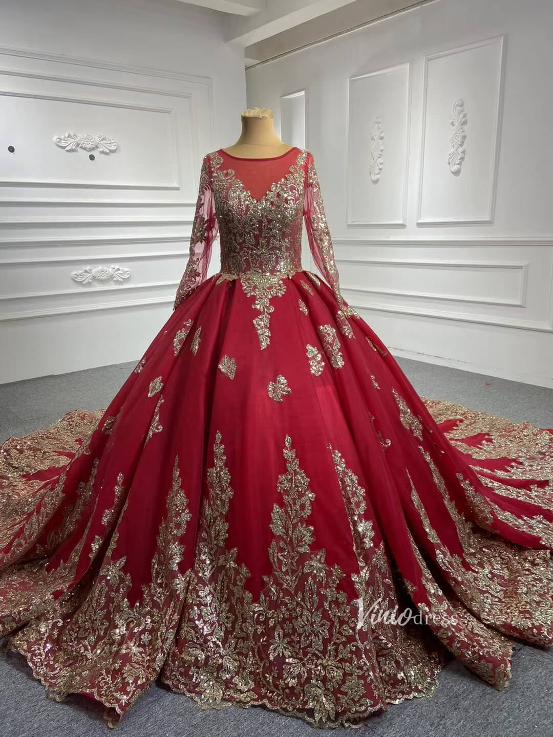 Vintage Red Gold Cathedral Wedding Dresses Long Sleeves 66949-wedding dresses 2025 -Viniodress-Dark Red-Custom Size-