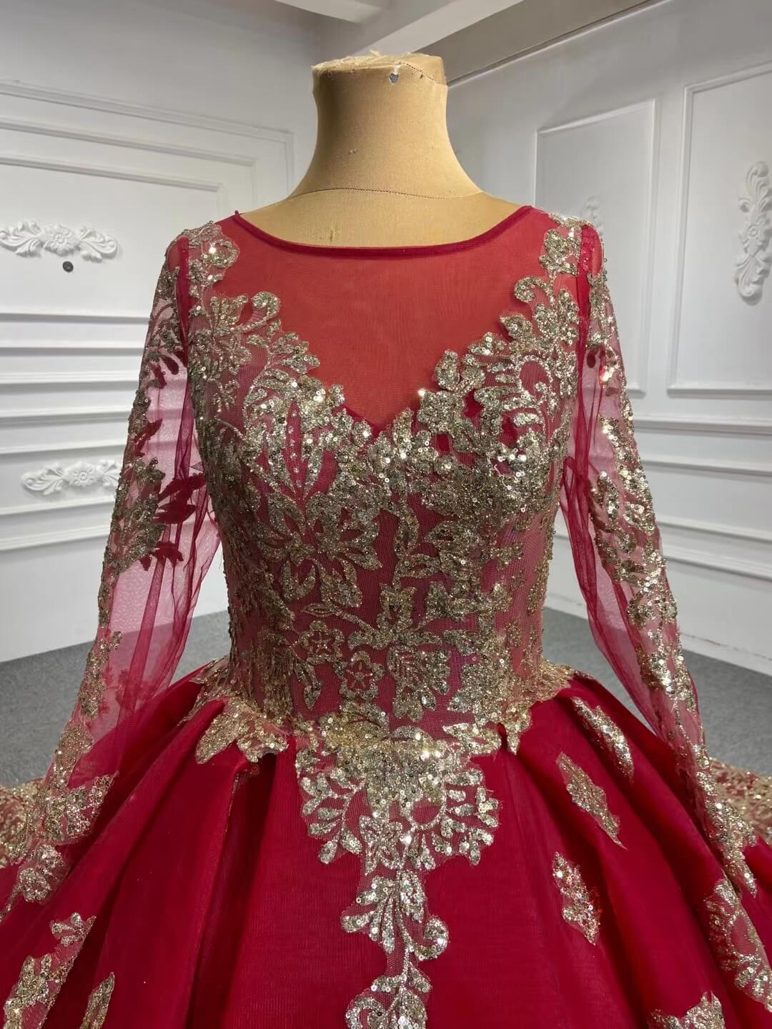 Vintage Red Gold Cathedral Wedding Dresses Long Sleeves 66949-wedding dresses 2025 -Viniodress-Dark Red-Custom Size-