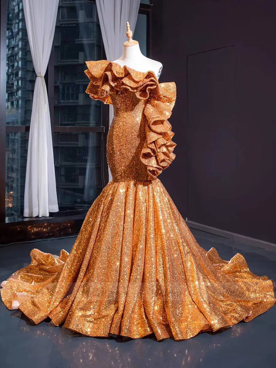 Luxury Gold Sequin Mermaid Prom Dresses Glittery Pageant Gown 66916-prom dresses 2025 -Viniodress-Bronze-Custom Size-
