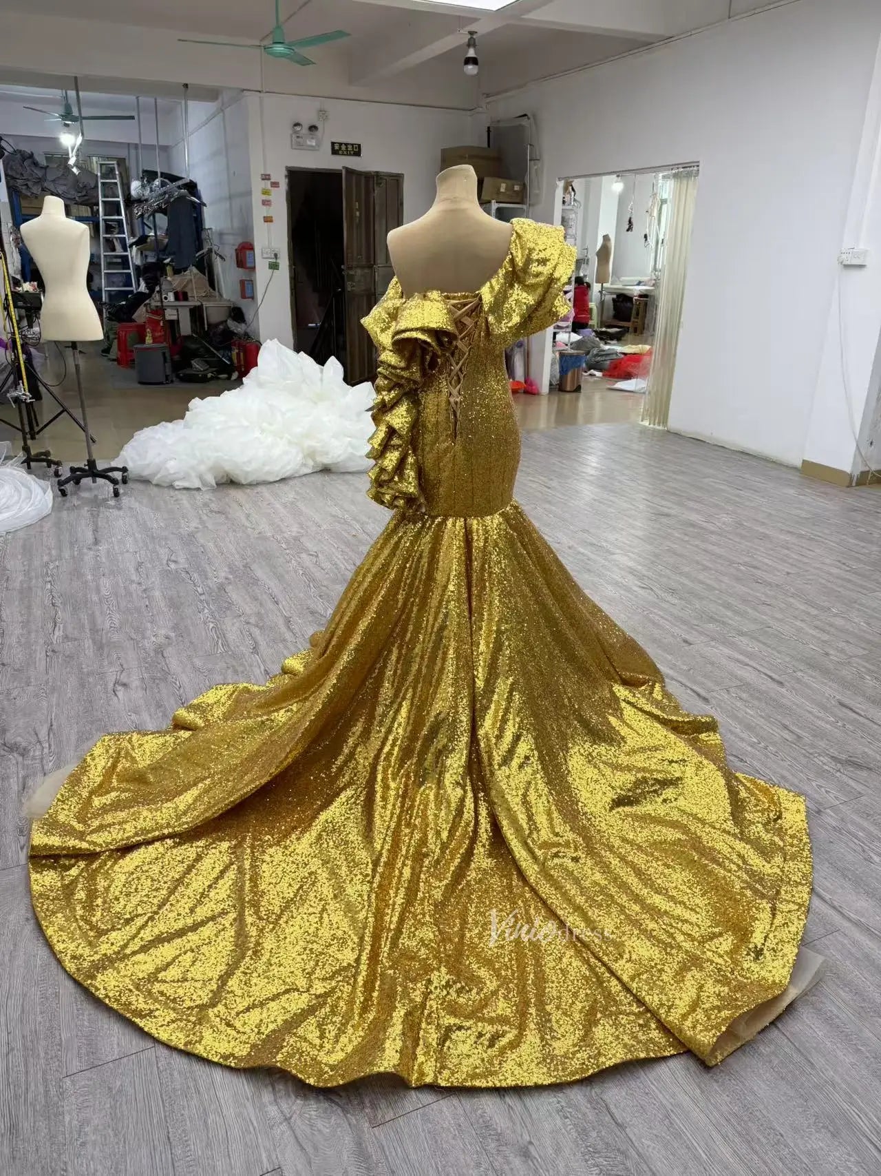 Luxury Gold Sequin Mermaid Prom Dresses Glittery Pageant Gown 66916-prom dresses 2025 -Viniodress-Gold-Custom Size-
