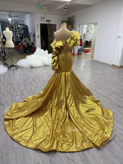 Luxury Gold Sequin Mermaid Prom Dresses Glittery Pageant Gown 66916-prom dresses 2025 -Viniodress-Gold-Custom Size-