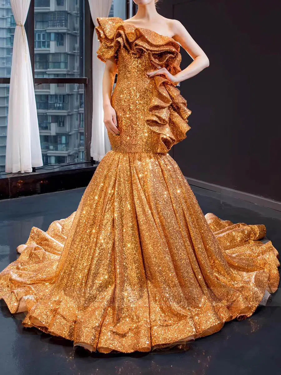 Luxury Gold Sequin Mermaid Prom Dresses Glittery Pageant Gown 66916-prom dresses 2025 -Viniodress-Gold-Custom Size-