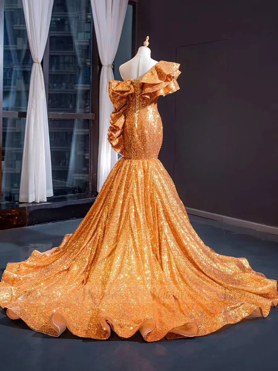 Luxury Gold Sequin Mermaid Prom Dresses Glittery Pageant Gown 66916-prom dresses 2025 -Viniodress-Gold-Custom Size-