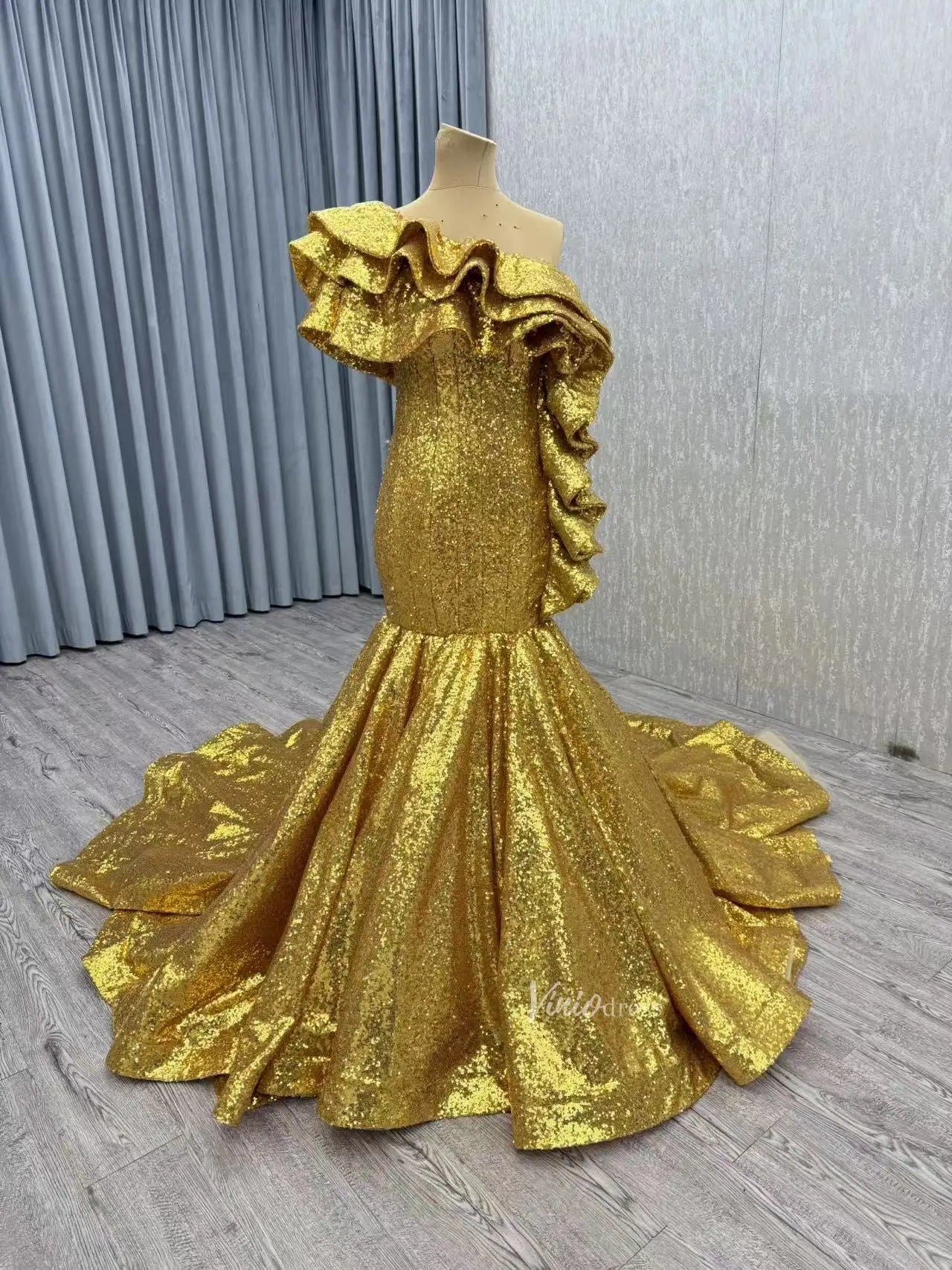 Luxury Gold Sequin Mermaid Prom Dresses Glittery Pageant Gown 66916-prom dresses 2025 -Viniodress-Gold-Custom Size-