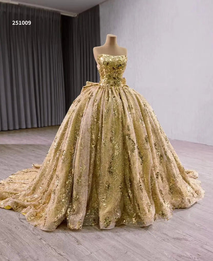 Luxury Gold Wedding Gown Strapless Debutante Dress with Bow 251009-Quinceanera Dresses 2025 -Viniodress-Gold-Custom Size-