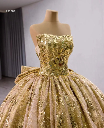 Luxury Gold Wedding Gown Strapless Debutante Dress with Bow 251009-Quinceanera Dresses 2025 -Viniodress-Gold-Custom Size-