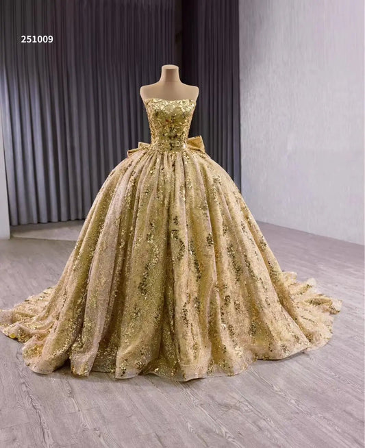 Luxury Gold Wedding Gown Strapless Debutante Dress with Bow 251009-Quinceanera Dresses 2025 -Viniodress-Gold-Custom Size-