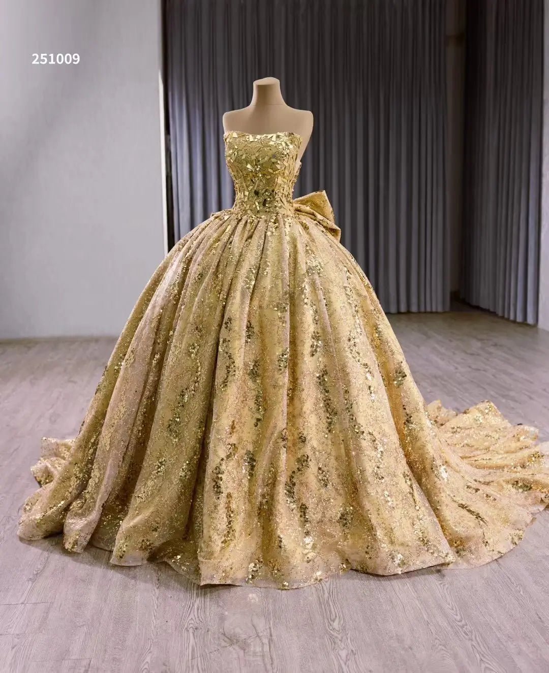 Luxury Gold Wedding Gown Strapless Debutante Dress with Bow 251009 - ViniodressQuinceanera DressesGoldCustom Size - Formal Dresses - Ball Gowns