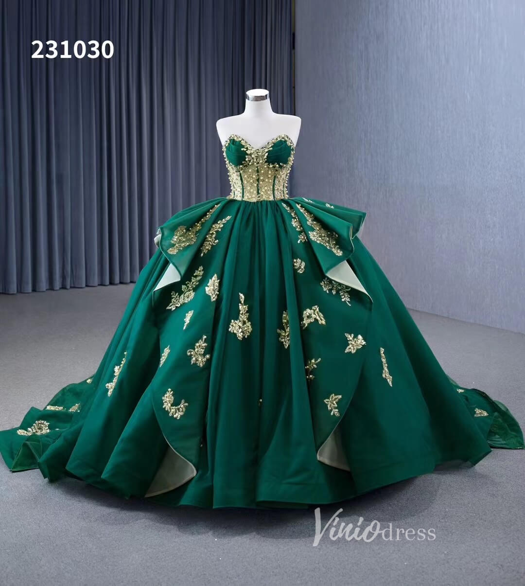 Luxury Green Wedding Dresses Plus Size Gold Lace Appliqued Ball Gowns 231030-Quinceanera Dresses-Viniodress-Viniodress