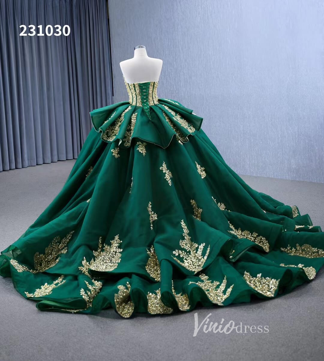 Luxury Green Wedding Dresses Plus Size Gold Lace Appliqued Ball Gowns 231030-Quinceanera Dresses-Viniodress-Viniodress