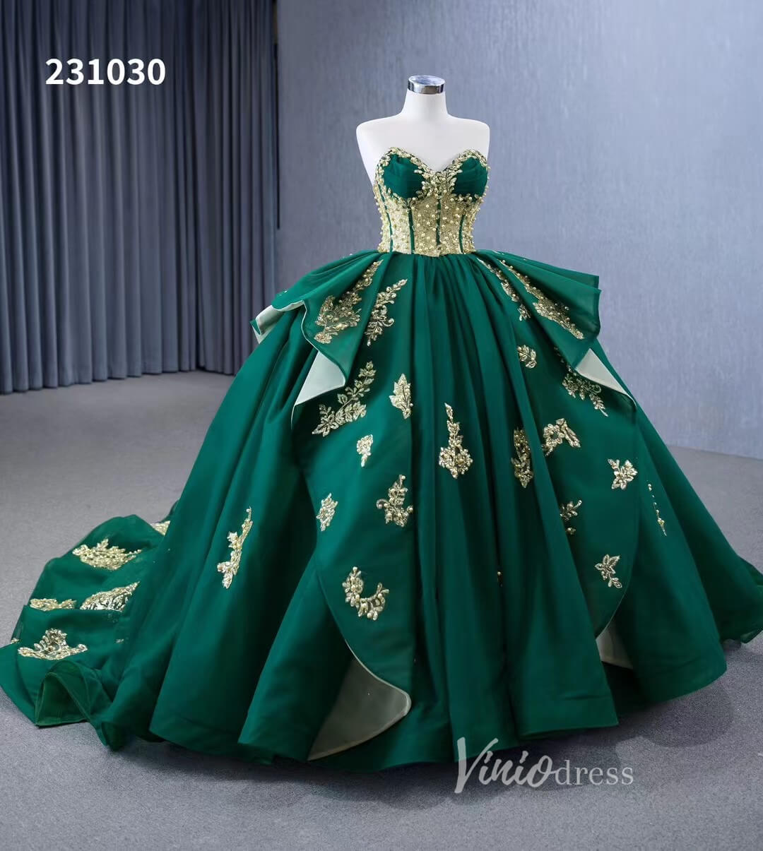 Luxury Green Wedding Dresses Plus Size Gold Lace Appliqued Ball Gowns 231030-Quinceanera Dresses-Viniodress-Viniodress