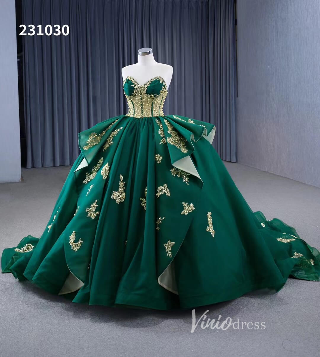 Luxury Green Wedding Dresses Plus Size Gold Lace Appliqued Ball Gowns 231030-Quinceanera Dresses-Viniodress-Viniodress