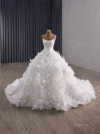 Luxury Handmade Petal Wedding Dresses | Basque Waist Bridal Gown with 3D Flowers, Corset Back & 1m Train 251132-wedding dresses 2025 -Viniodress-Ivory-Custom Size-