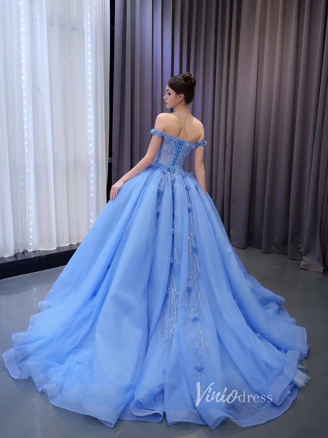 Luxury Light Blue Cinderella Ball Gown Beaded Princess Quinceanera Dre – Viniodress Luxury Light Blue Cinderella Ball Gown Beaded Princess Quinceanera Dre – Viniodress
