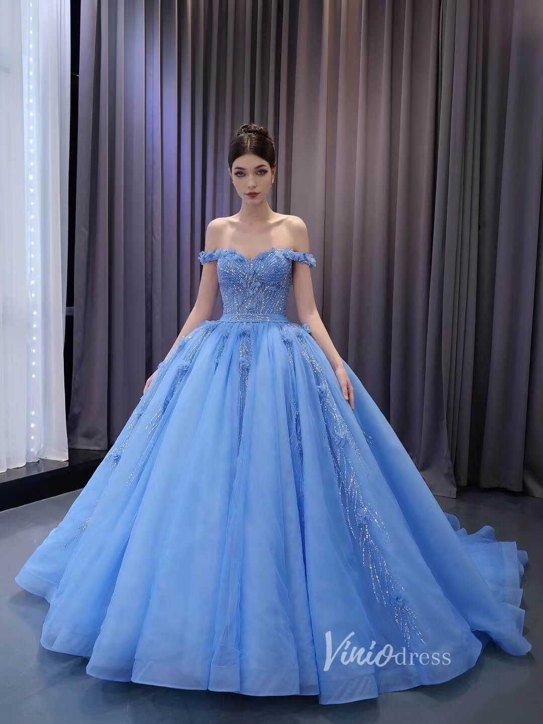 Luxury Light Blue Cinderella Ball Gown Beaded Princess Quinceanera Dresses 231124-Quinceanera Dresses-Viniodress-Light Blue-Custom Size-Viniodress