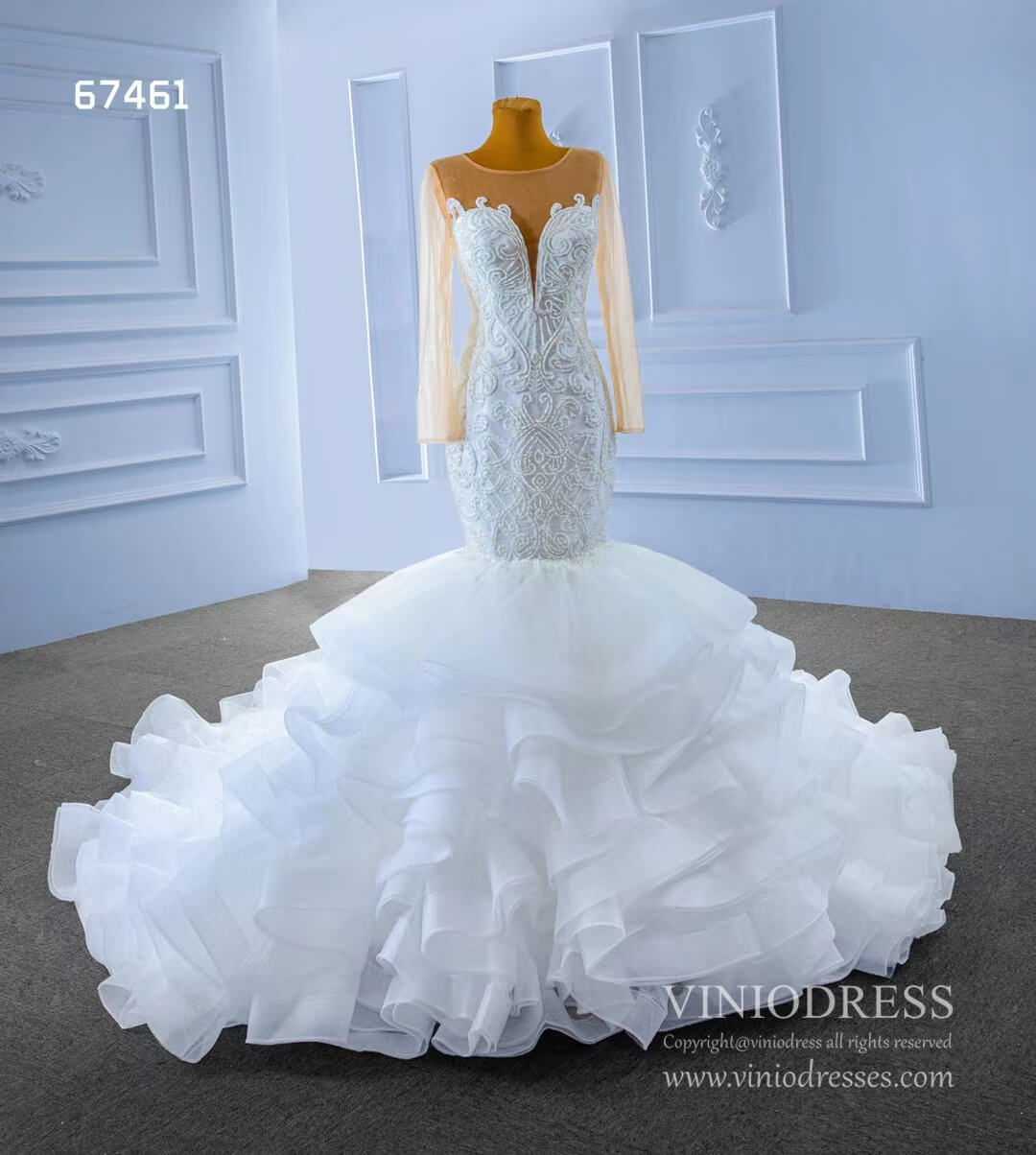 Luxury Mermaid Ruffle Wedding Dresses Long Sleeves 67461-wedding dresses 2025 -Viniodress-Ivory-Custom Size-
