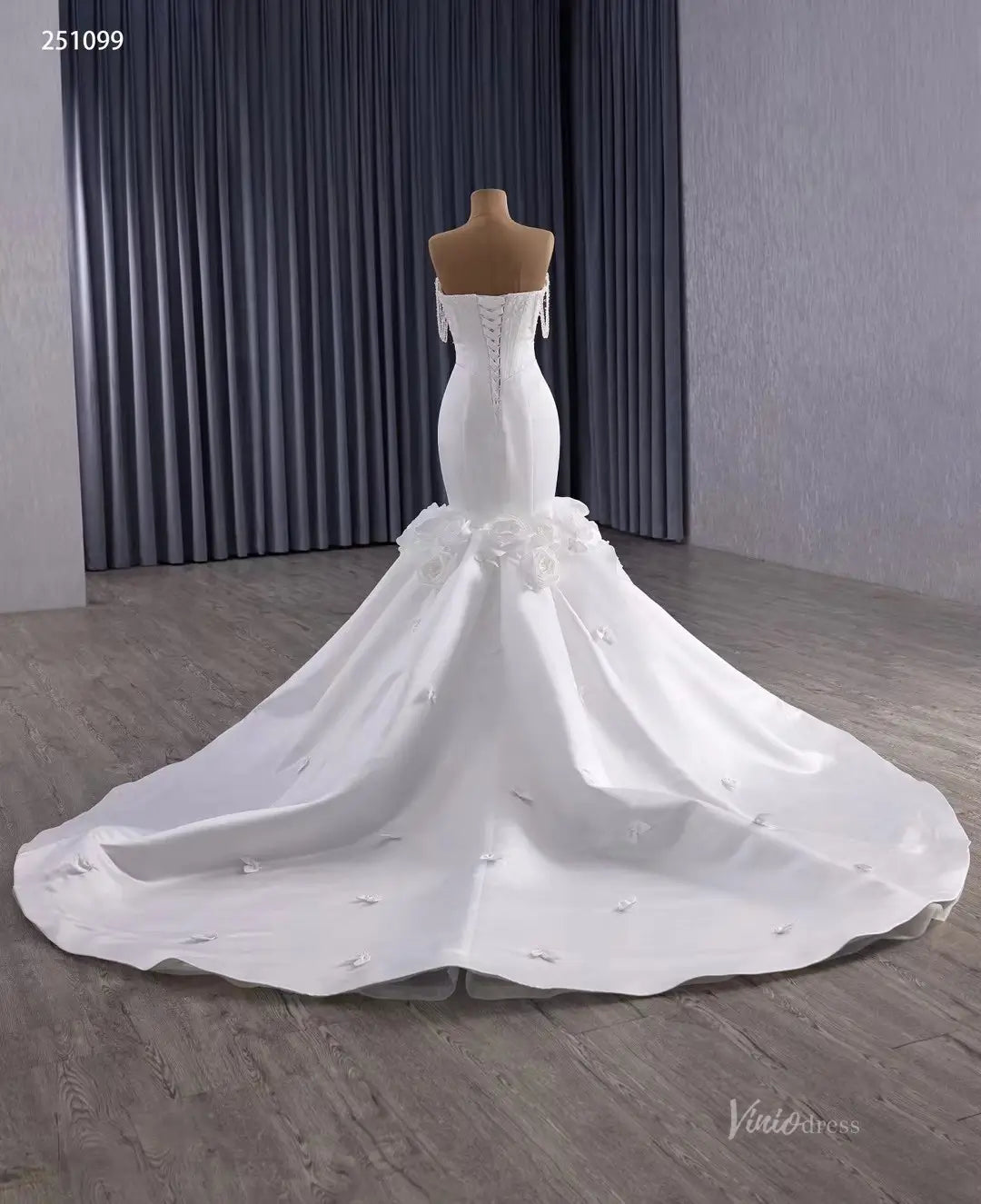 Luxury Mikado Trumpet Mermaid Wedding Dress Basque Waist, Petal Flowers & Boned Beaded Bodice 251099-wedding dresses 2026-Viniodress-Ivory-Satin-Custom Size