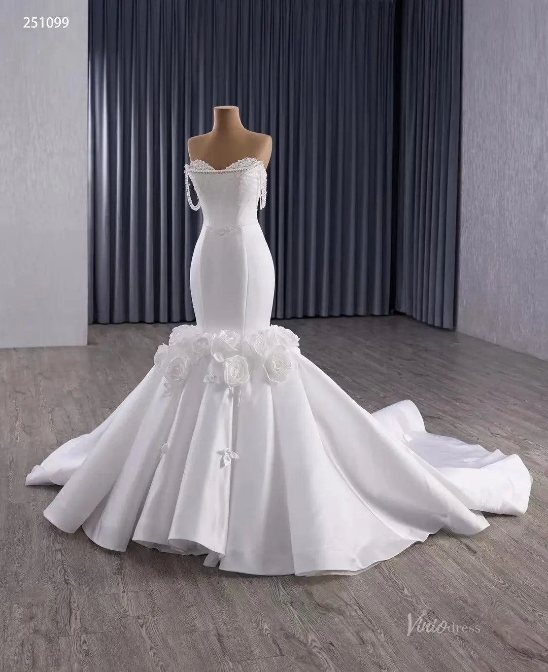 Luxury Mikado Trumpet Mermaid Wedding Dress Basque Waist, Petal Flowers & Boned Beaded Bodice 251099-wedding dresses 2026-Viniodress-Ivory-Satin-Custom Size