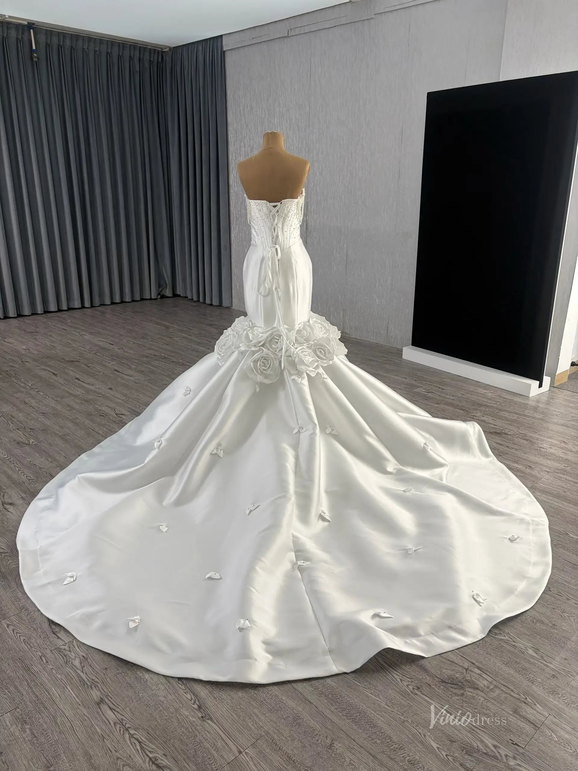 Luxury Mikado Trumpet Mermaid Wedding Dress Basque Waist, Petal Flowers & Boned Beaded Bodice 251099-wedding dresses 2026-Viniodress-Ivory-Satin-Custom Size