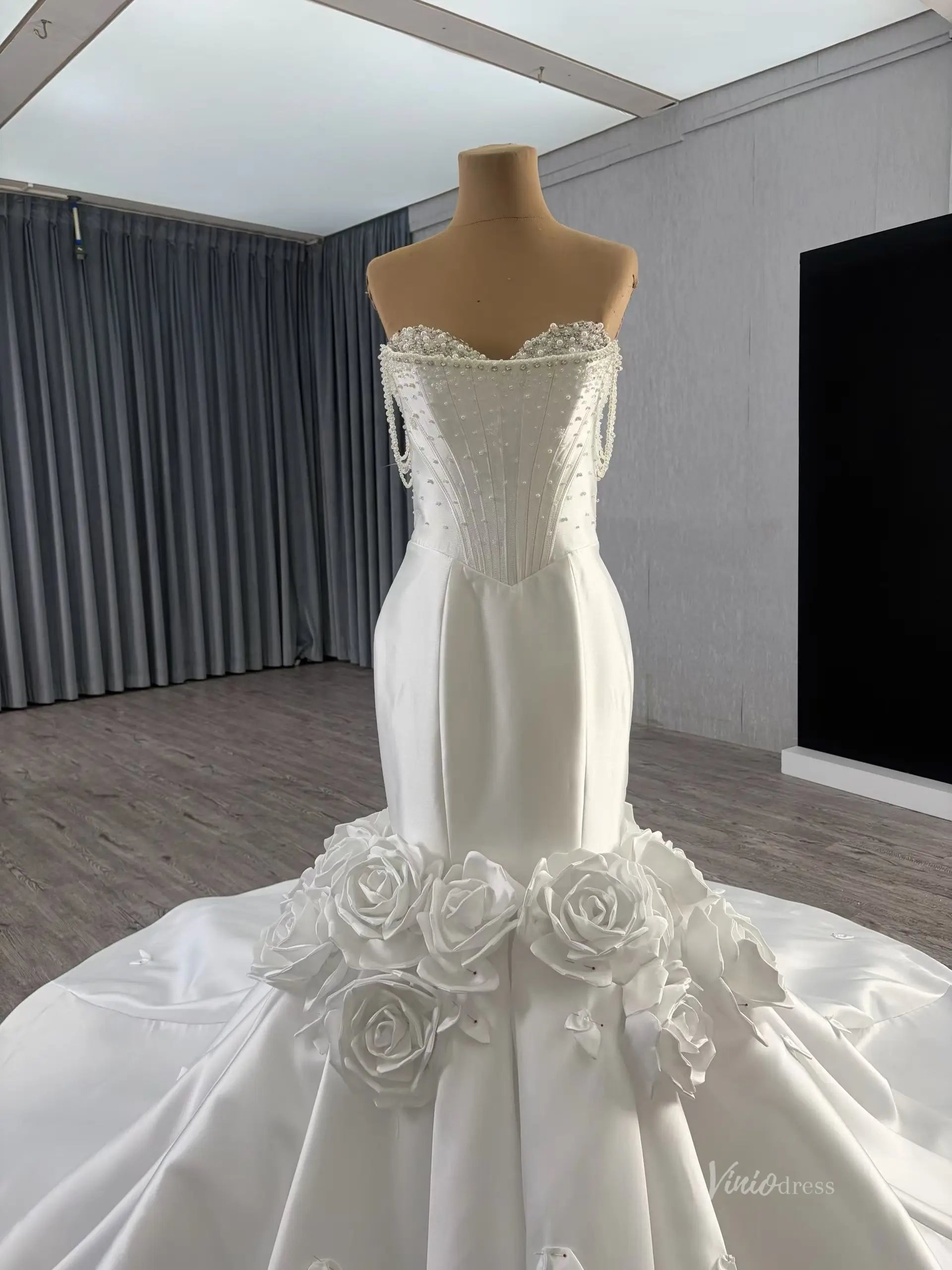 Luxury Mikado Trumpet Mermaid Wedding Dress Basque Waist, Petal Flowers & Boned Beaded Bodice 251099-wedding dresses 2026-Viniodress-Ivory-Satin-Custom Size