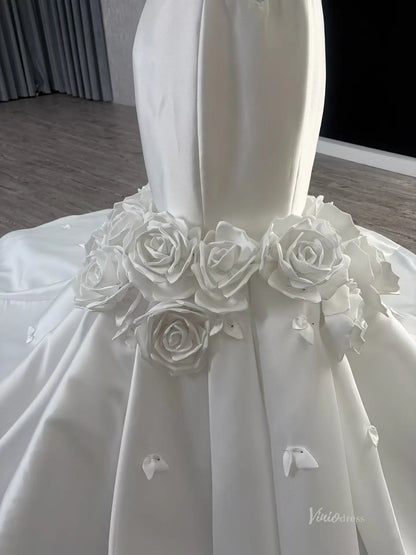 Luxury Mikado Trumpet Mermaid Wedding Dress Basque Waist, Petal Flowers & Boned Beaded Bodice 251099-wedding dresses 2026-Viniodress-Ivory-Satin-Custom Size