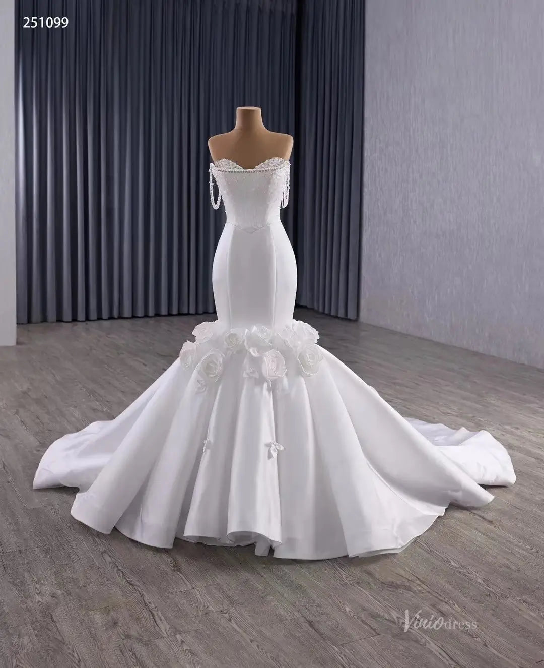 Luxury Mikado Trumpet Mermaid Wedding Dress Basque Waist, Petal Flowers & Boned Beaded Bodice 251099-wedding dresses 2026-Viniodress-Ivory-Satin-Custom Size