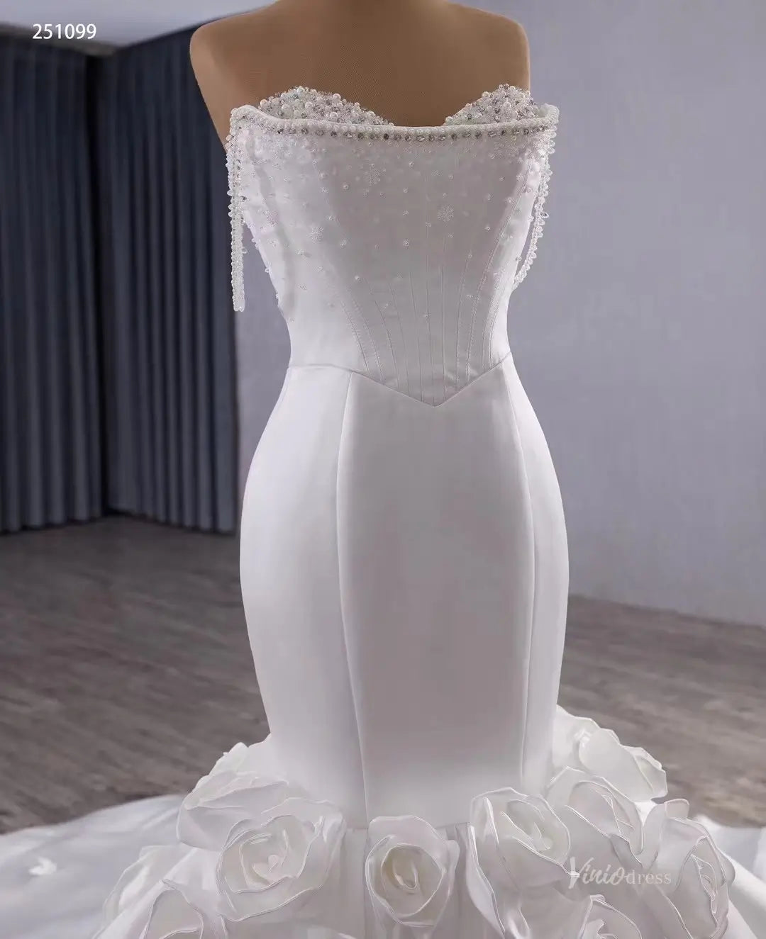 Luxury Mikado Trumpet Mermaid Wedding Dress Basque Waist, Petal Flowers & Boned Beaded Bodice 251099-wedding dresses 2026-Viniodress-Ivory-Satin-Custom Size