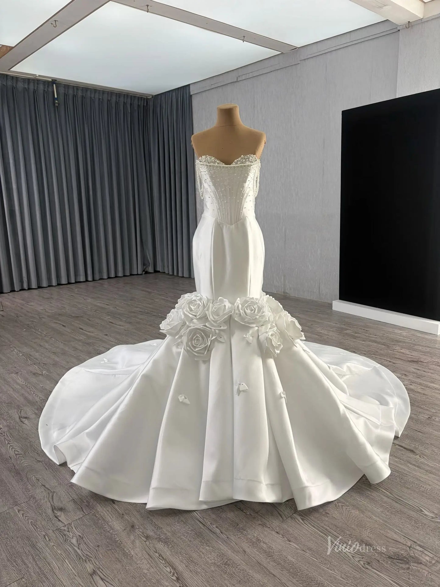 Luxury Mikado Trumpet Mermaid Wedding Dress Basque Waist, Petal Flowers & Boned Beaded Bodice 251099-wedding dresses 2026-Viniodress-Ivory-Satin-Custom Size