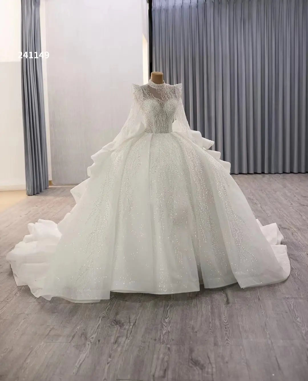 Luxury Modest Wedding Dresses Long Sleeve Ball Gown High Neck 241149-wedding dresses 2025 -Viniodress-Ivory-Custom Size-