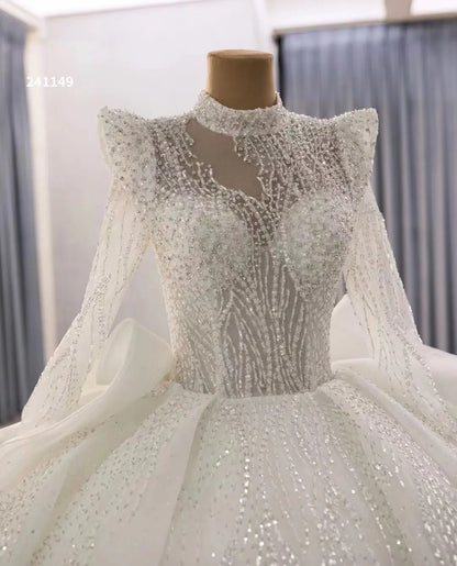 Luxury Modest Wedding Dresses Long Sleeve Ball Gown High Neck 241149-wedding dresses 2025 -Viniodress-Ivory-Custom Size-